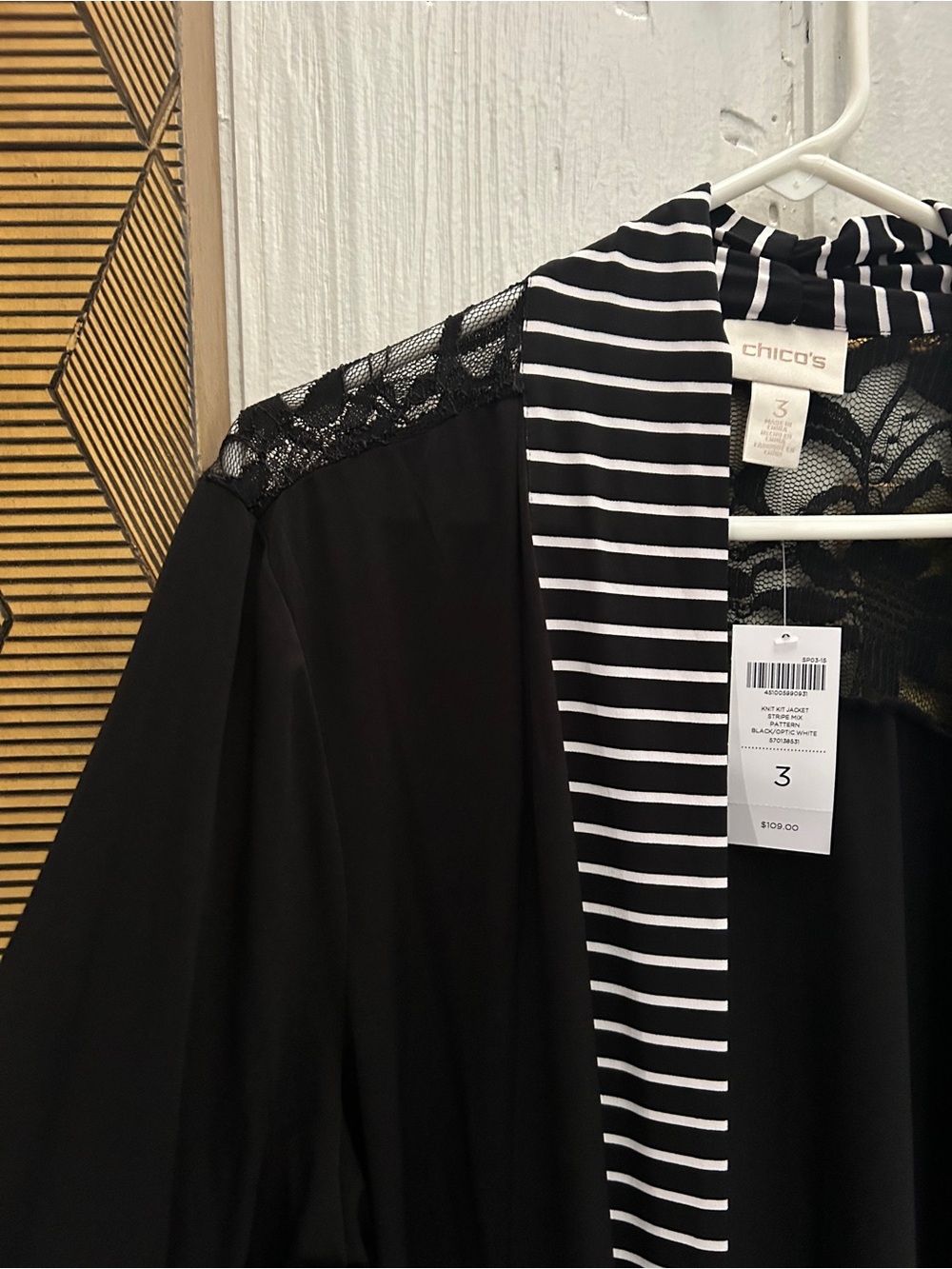 Chico's Black Cardigan with Black-and-White Striped Trim - Picture 5 of 6